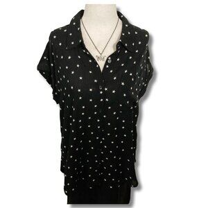 WILD SKYE Black white star print short-sleeve blouse ~ LARGE XL 1X button-down